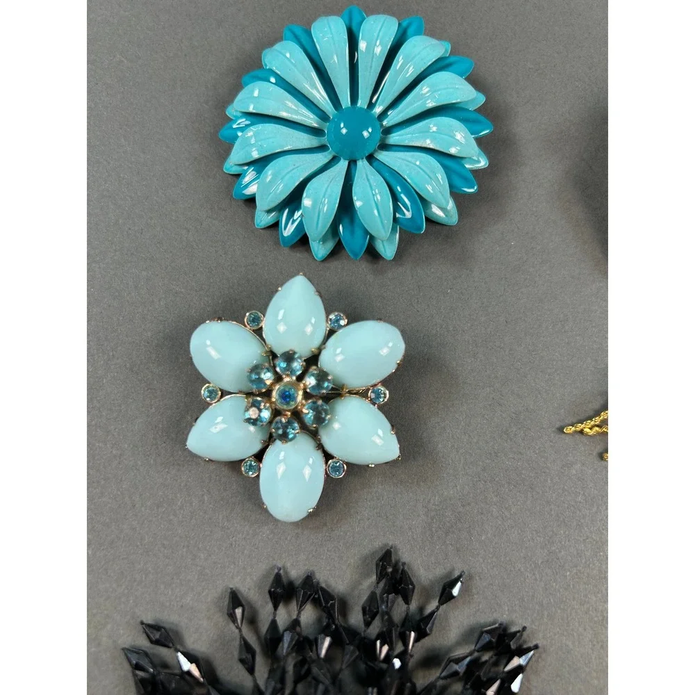Vintage Brooch Lot 6pc Lisner Amber Rhinestone Blue Enamel Daisy Black Starburst